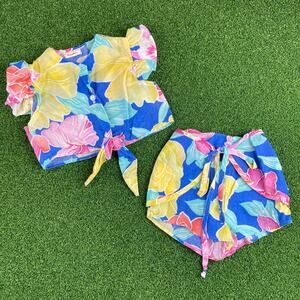 Vintage 70s Rodeo Drive Colorful Floral 2Pc Tie Front Bloomers & Ruffle Top Sz 2